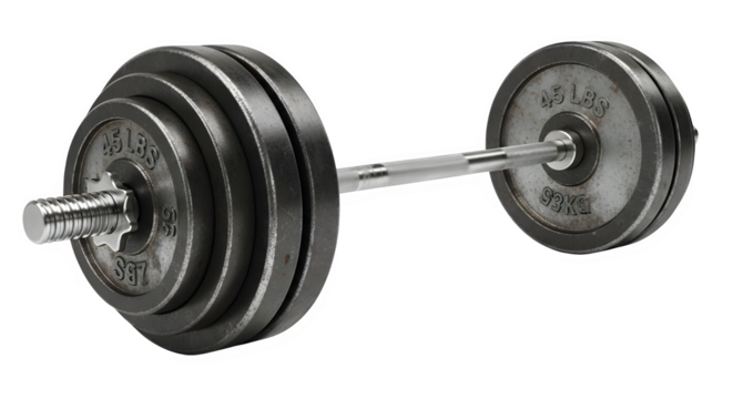 A barbell with weights is displayed in a studio shot