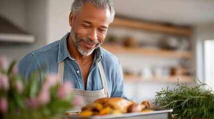 Happy mature african american man holding a freshly roasted chicken. Senior male cooking a holiday meal in the kitchen. Thanksgiving or christmas dinner preparation concept