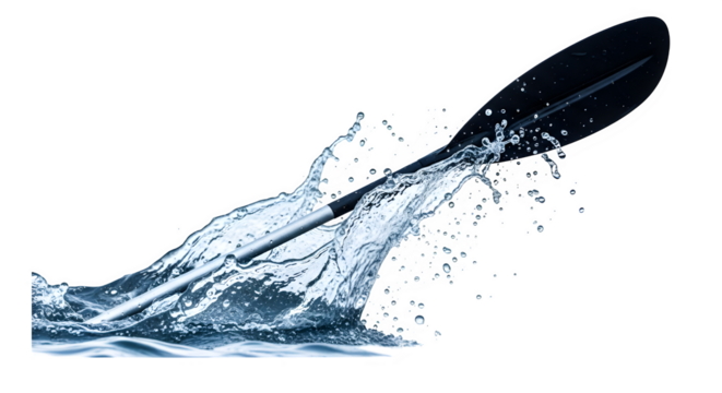 Black kayak paddle splashing in water, action shot