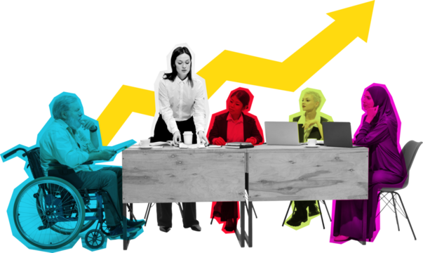 Colorful collage of diverse business team at meeting with upward arrow on transparent background. Concept of leadership, inclusive teamwork, and collective business growth.