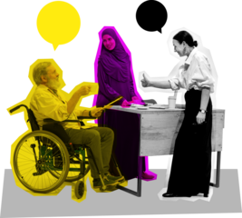 Creative collage of inclusive business conversation at desk on transparent background. Concept of cooperation, diversity, communication, and teamwork across cultures.