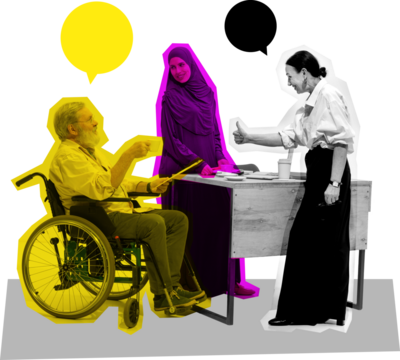 Creative collage of inclusive business conversation at desk on transparent background. Concept of cooperation, diversity, communication, and teamwork across cultures.