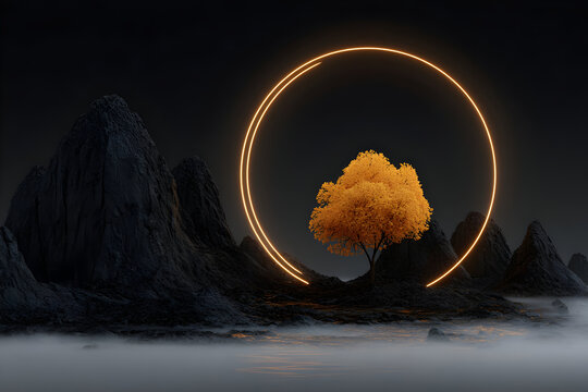 Enchanting dreamlike landscape with illuminated tree on rocky terrain at night