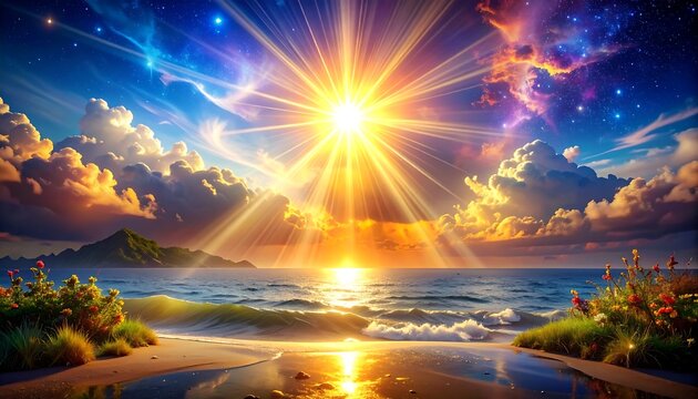 Radiant sun bursts over tranquil ocean, with soft clouds, flowers, and distant land adding depth & color