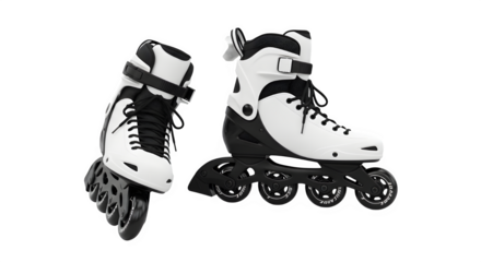 Two pairs of white and black inline skates for recreational skating