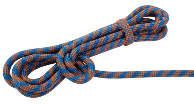 Closeup of a climbing rope with blue and brown stripes