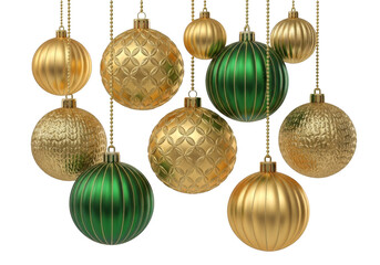 A collection of festive green and gold christmas ornaments hanging on chains, isolated on transparent background