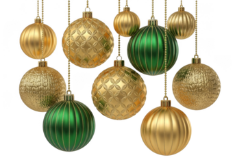 A collection of festive green and gold christmas ornaments hanging on chains, isolated on transparent background