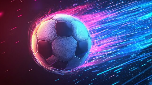 Dynamic Soccer Ball with Motion Blur and Neon Lights, Futuristic Sports Concept, High-Speed Action, Digital Art, Energy and Excitement