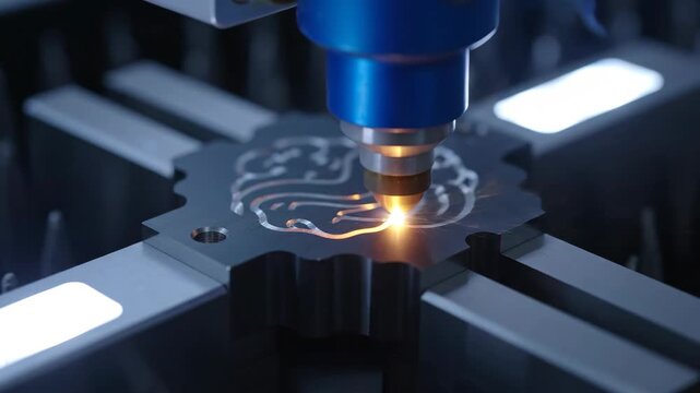 Laser engraving machine creating a metal design with sparks