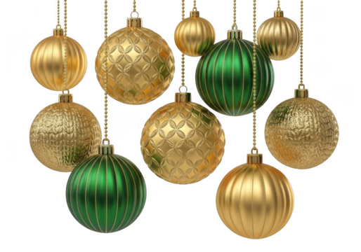 A collection of festive green and gold christmas ornaments hanging on chains, isolated on transparent background