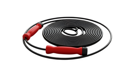 Black skipping rope with red handles coiled on a white surface
