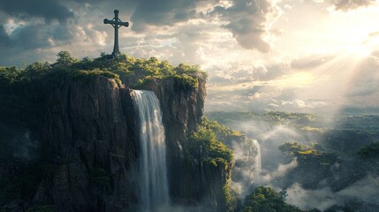 Majestic Waterfall Cascading from Cliffside Crowned with Cross, Bathed in Divine Light, Symbolizing Faith and Natural Beauty