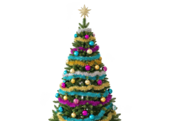 A decorated christmas tree with colorful ornaments and tinsel, isolated on transparent background