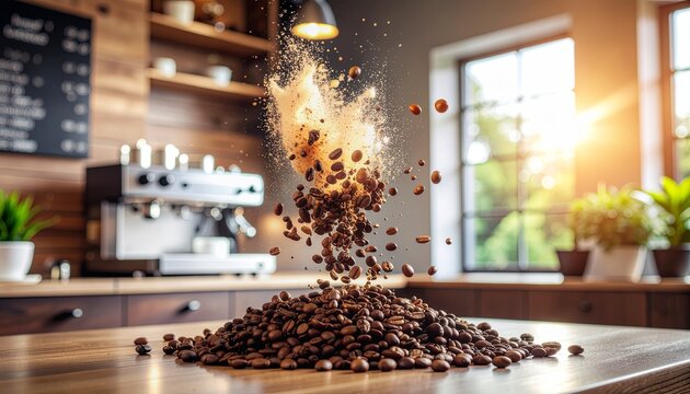Explosi&oacute;n de granos de caf&eacute; tostados,