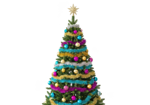 A decorated christmas tree with colorful ornaments and tinsel, isolated on transparent background