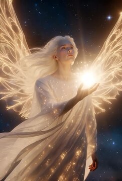 generated animation. A beautiful angel with glowing ball