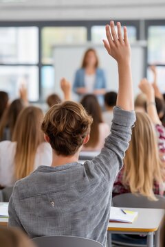 Student raising his hand in a classroom during a lesson. Back view of a young man actively participating in class. Education and learning concept