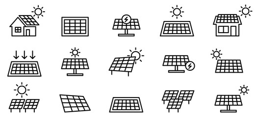 ソーラーパネルの編集可能なアイコン。太陽エネルギー、太陽光パネル、太陽電池、エコ