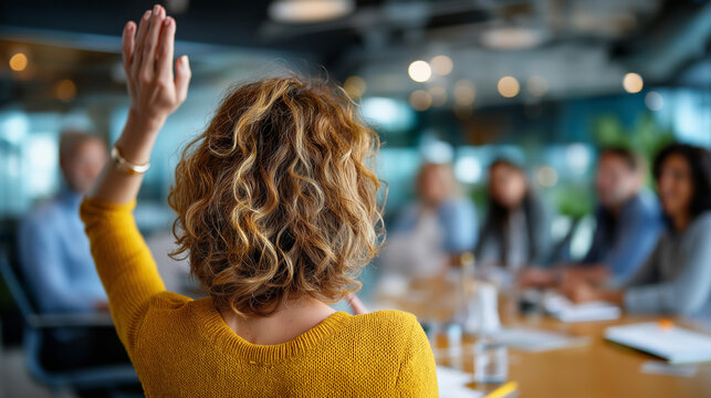 Businesswoman sitting in training room with hand raised and asking question, colleagues around, corporate workshop atmosphere, with copy space