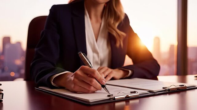 A woman in a suit writes on important documents at her office desk while sunlight illuminates the space. This woman focuses on her task, embodying professionalism and precision.