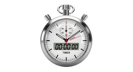 Closeup of a silver and white stopwatch with a digital display