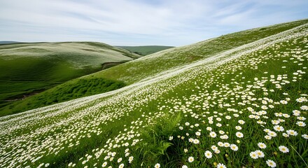 Rolling Hills Covered in White Wildflowers Under a Cloudy Sky.