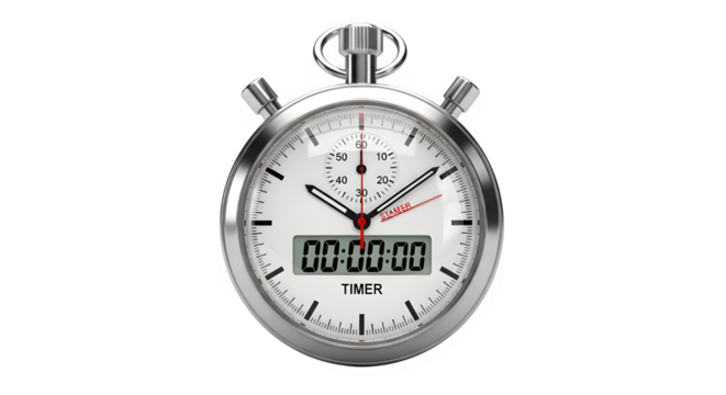 Closeup of a silver and white stopwatch with a digital display