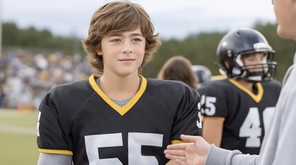 A young football player listening intently to his coach during practice. Teenage athlete receiving guidance on the field. Youth sports and teamwork concept