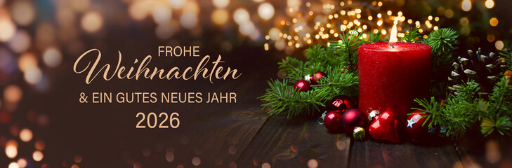 Christmas greeting card with German text Frohe Weihnachten und ein gutes neues Jahr 2026 - Advent...