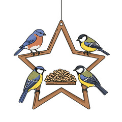 Illustration of star-shaped bird feeder with birds for Christmas bird feeding traditions on white background copy space