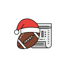 Illustration of football wearing Santa hat alongside sports betting slip for Christmas events on white background copy space