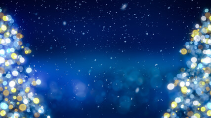 Blurred Christmas tree with glowing colorful bokeh light bulbs and ornaments background, blue holiday greeting card , festive New Year winter snow fall backdrop illustration