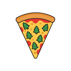 Illustration of pizza slice decorated with Christmas trees for unconventional holiday meals on white background copy space