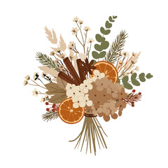 Illustration of sustainable Christmas floral arrangement with dried flowers and citrus on white background copy space