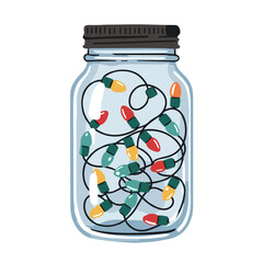 Illustration of jar filled with tangled Christmas lights for post-holiday recycling campaigns on white background copy space