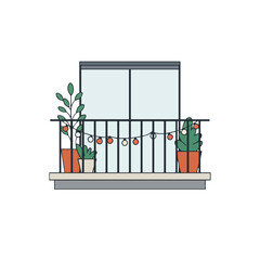 Illustration of balcony with Christmas decorations and plants for city holiday decor on white background copy space