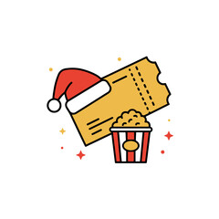 Illustration of cinema ticket wearing Santa hat alongside popcorn for Christmas cinema gifts on white background copy space