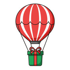 Illustration of hot air balloon carrying Christmas gift for adventure-themed holiday presents on white background copy space