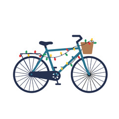 Illustration of bicycle decorated with lights for cyclist Christmas safety on white background copy space