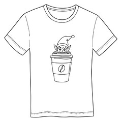 Illustration of t-shirt featuring playful elf peeking over coffee cup for parody Christmas merchandise on white background copy space