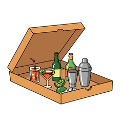 Illustration of takeout box filled with cocktails and drink accessories for Home Alone themed parties on white background copy space