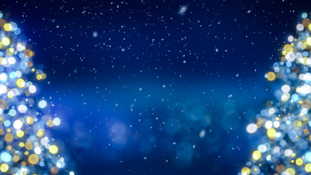 Blurred Christmas tree with glowing colorful bokeh light bulbs and ornaments background, blue holiday greeting card , festive New Year winter snow fall backdrop illustration