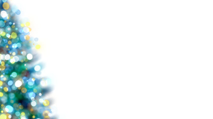 Blurred Christmas tree with glowing colorful bokeh light bulbs and ornaments on transparent background, blue holiday greeting card , festive New Year winter frame backdrop illustration