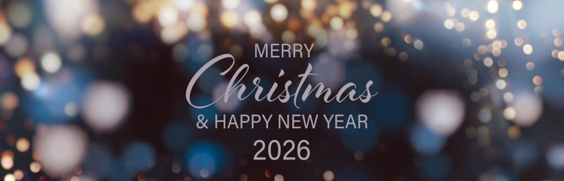 Christmas Card - Merry Christmas and Happy New Year 2026 - beautiful background banner with festive bokeh lights - panorama, header, xmas greetings - Powered by Adobe