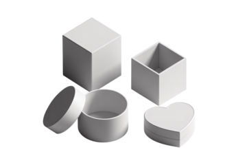 Discover versatile packaging solutions with these pristine white gift boxes in cube, cylinder, and heart shapes, perfect for any occasion.