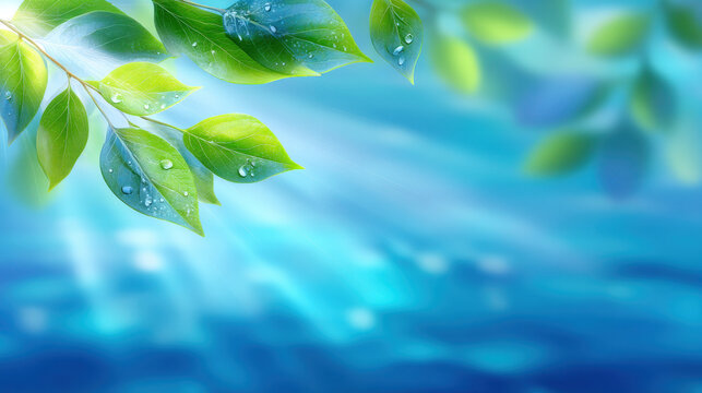 Fresh green leaf with morning dew soft sun rays and misty blue background evoking calm and renewal