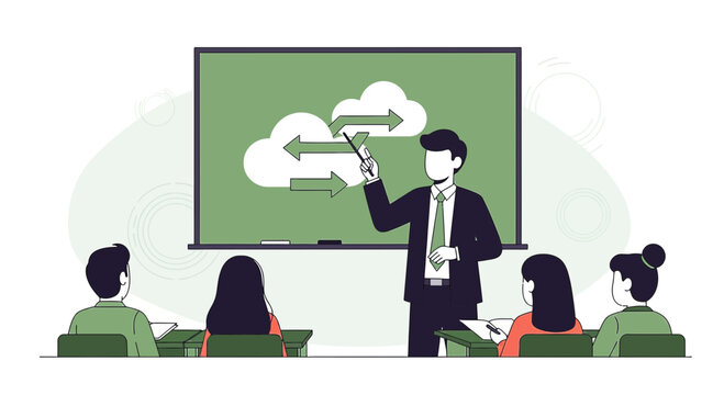 Illustrative depiction of a technology class, with a focus on cloud computing concepts taught by a