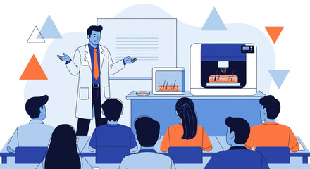 Illustrative medical lecture with 3D skin printer and students attending presentation