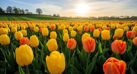 Vast Field of Yellow and Orange Tulips at Sunrise.